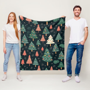  Festive Green and Coral Christmas Tree Pattern  Fleece Blanket