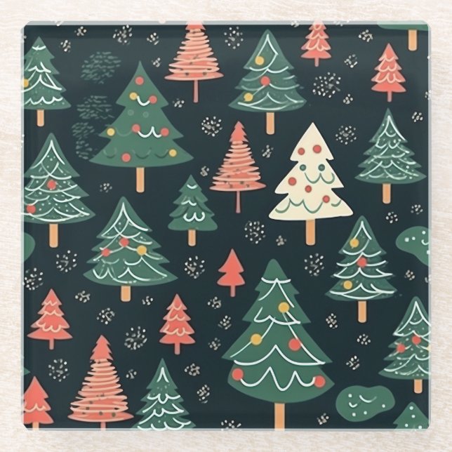  Festive Green and Coral Christmas Tree Pattern  Glass Coaster (Front)