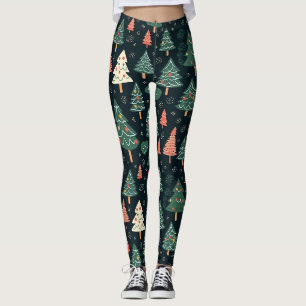 Festive Green and Coral Christmas Tree Pattern Leggings