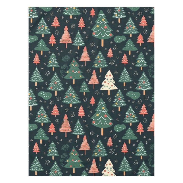  Festive Green and Coral Christmas Tree Pattern  Tablecloth (Front)