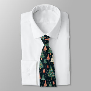 Festive Green and Coral Christmas Tree Pattern Tie