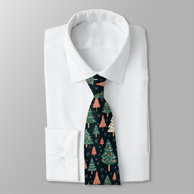  Festive Green and Coral Christmas Tree Pattern  Tie (Tied)
