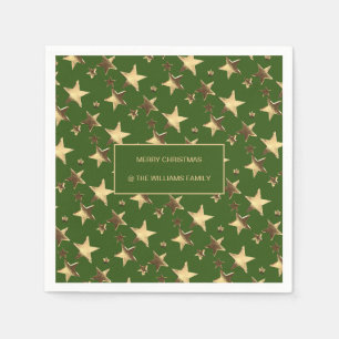 Festive Green and Gold Christmas Stars Add Name Napkin