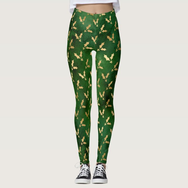 Festive Green and Gold Foil Winter Christmas Holly Leggings (Front)