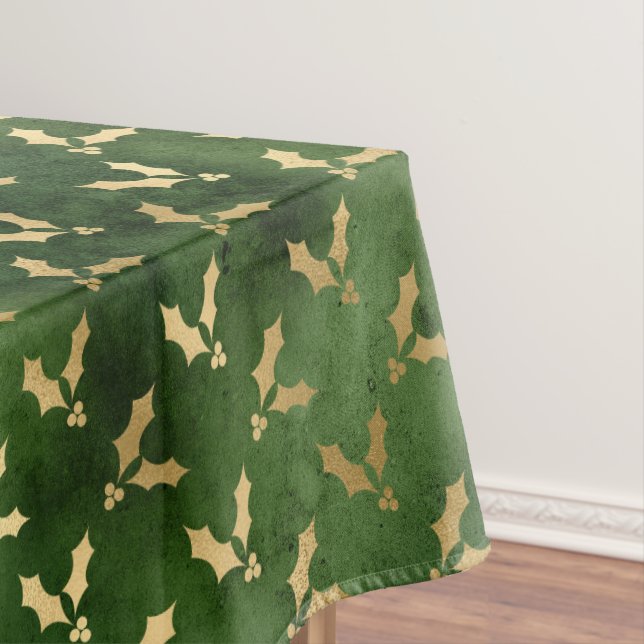 Festive Green and Gold Foil Winter Christmas Holly Tablecloth (In Situ)