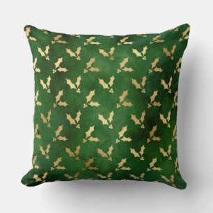 Festive Green and Gold Foil Winter Christmas Holly Throw Pillow