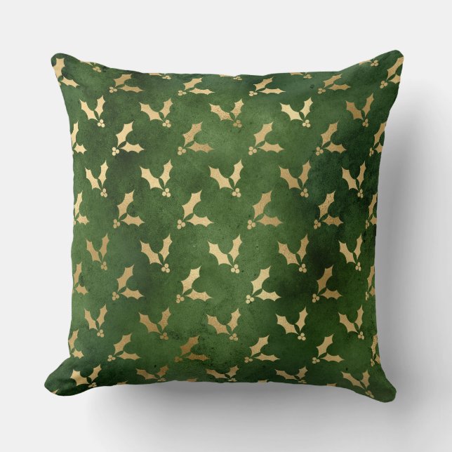 Festive Green and Gold Foil Winter Christmas Holly Throw Pillow (Front)
