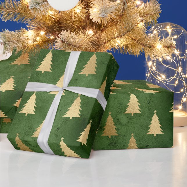 Festive Green and Gold Foil Winter Christmas Tree Wrapping Paper (Holidays)