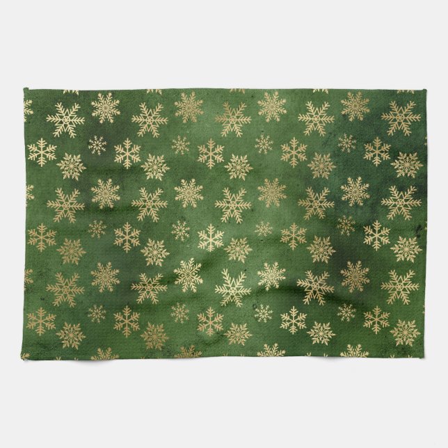 Festive Green and Gold Foil Winter Snowflakes Kitchen Towel (Horizontal)