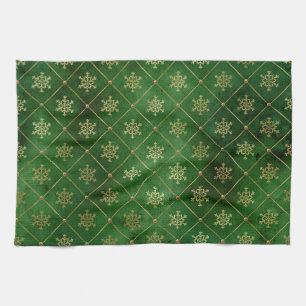 Festive Green and Gold Foil Winter Snowflakes Kitchen Towel