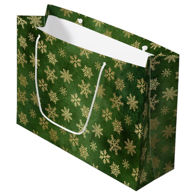 Festive Green and Gold Foil Winter Snowflakes Large Gift Bag (Front Angled)