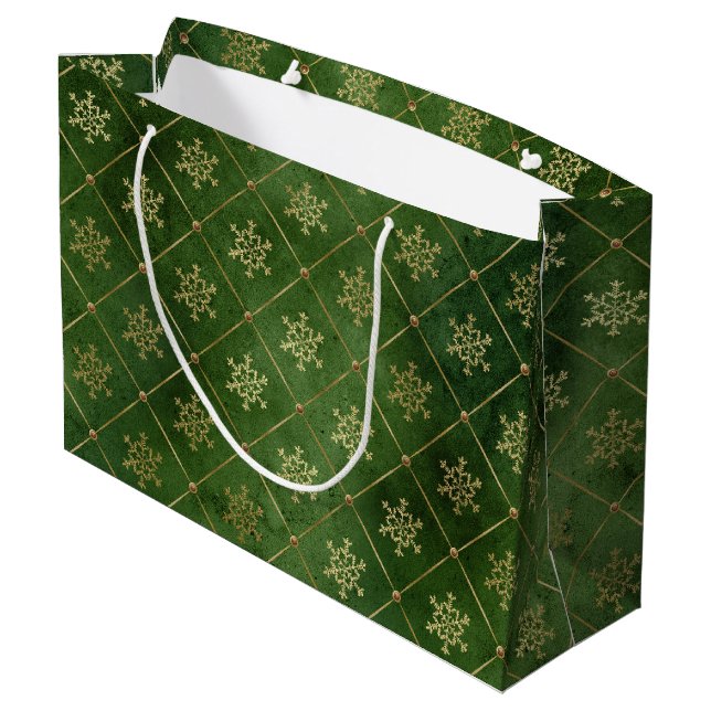 Festive Green and Gold Foil Winter Snowflakes Large Gift Bag (Back Angled)