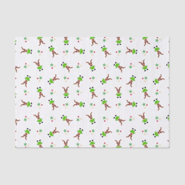 Festive Green And Gold Kasky Christmas Reindeer Tissue Paper (Front)