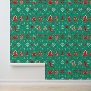 Festive Green and Red Christmas Pattern Wallpaper
