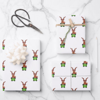 Festive Green And Red Kasky Christmas Reindeer Wrapping Paper Sheet