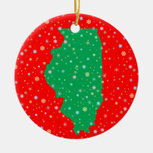 Festive Green and Red Map of Illinois Snowflakes Ceramic Ornament