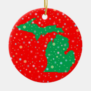 Festive Green and Red Map of Michigan Snowflakes Ceramic Ornament