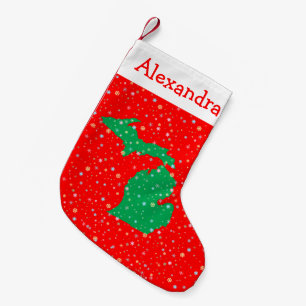Festive Green and Red Map of Michigan Snowflakes Small Christmas Stocking
