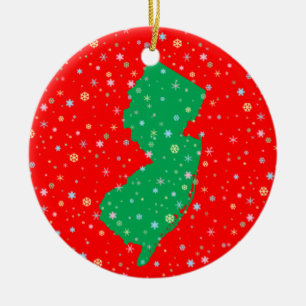 Festive Green and Red Map of New Jersey Snowflakes Ceramic Ornament