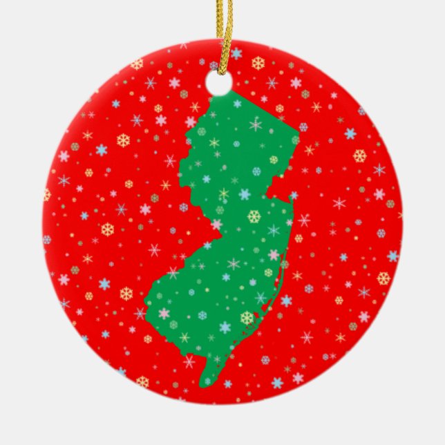 Festive Green and Red Map of New Jersey Snowflakes Ceramic Ornament (Front)