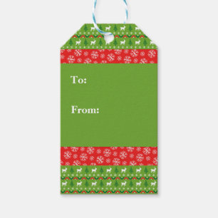 Festive Green and Red Reindeer and Snowflakes Gift Tags