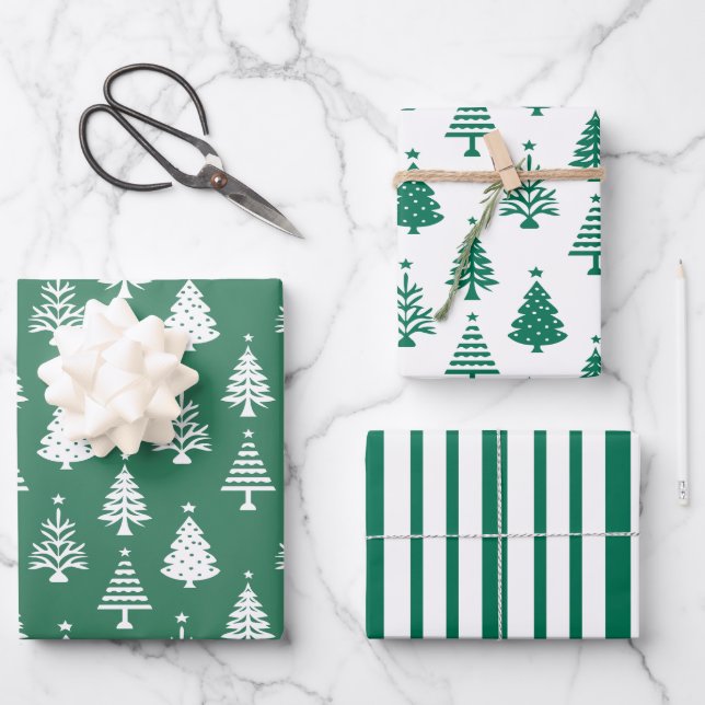 Festive Green and White Christmas Tree Pattern Wrapping Paper Sheet (Front)