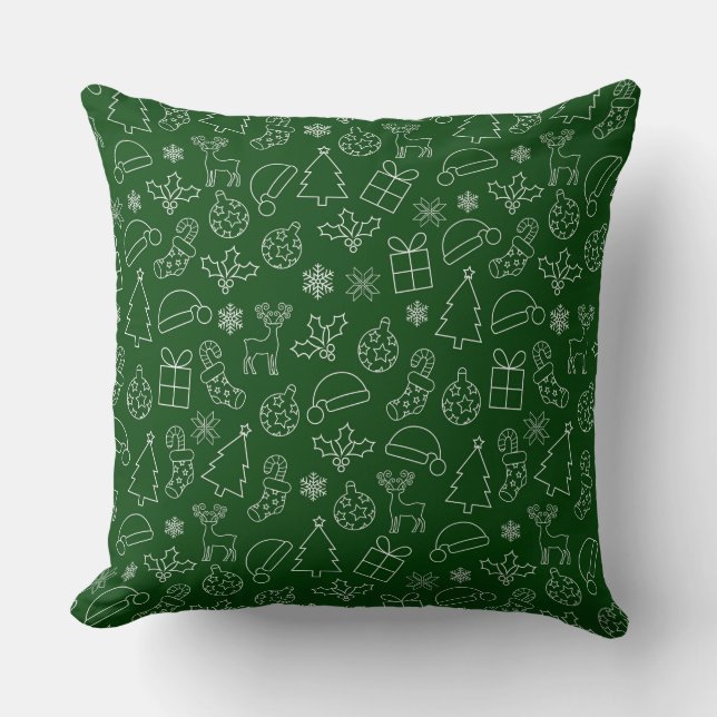 Festive Green and White Winter Christmas Pattern Throw Pillow (Front)