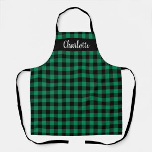 Festive Green Black Buffalo Plaid Monogram Apron
