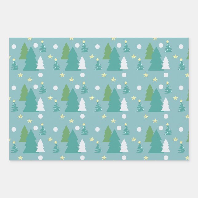 Festive Green & Blue Christmas Trees Wrapping Paper Sheet (Front)