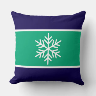 Festive Green Blue Navy White Stripes Snowflake Throw Pillow