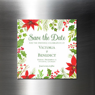 Festive Green Botanical Holiday Save the Date Magnetic Invitation