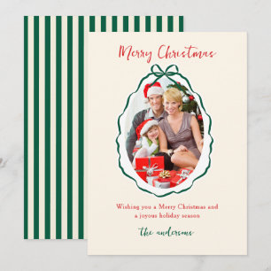 Festive Green Bow Frame Photo Christmas   Holiday Card
