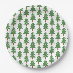 Festive Green Brown Christmas Trees Pattern Paper Plate