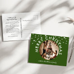 Festive Green Christmas Holiday Photo Postcard<br><div class="desc">Send your family and friends this festive green christmas photo postcard this holiday. Featuring string lights, a family photo, the text 'MERRY CHRISTMAS' and the family name. The back of the postcard has a template for a greeting, a message, who it is from and a return address, which can be...</div>
