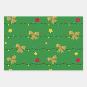 Festive Green Christmas Lights & Gold Bows  Wrapping Paper Sheet