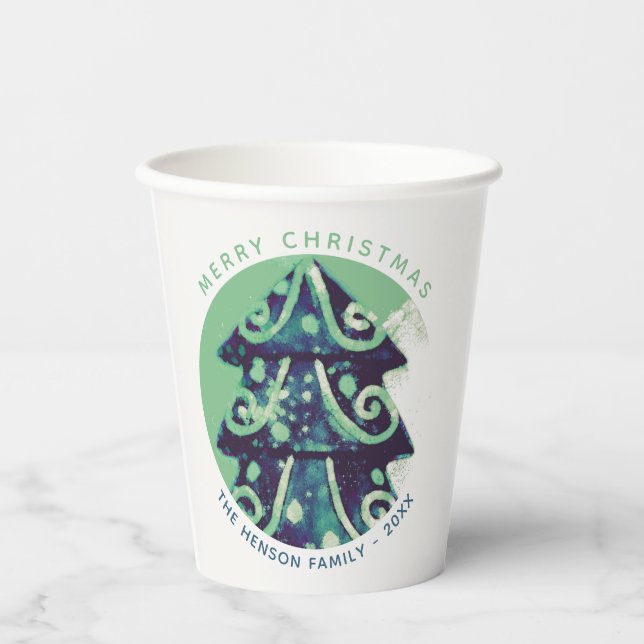 Festive Green Christmas Tree Family Holidays Paper Cups (Front)