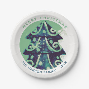 Festive Green Christmas Tree Family Holidays Paper Plate