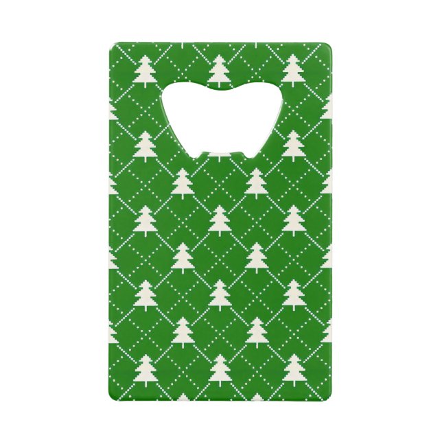 Festive Green Christmas Tree Pattern Credit Card Bottle Opener (Front)