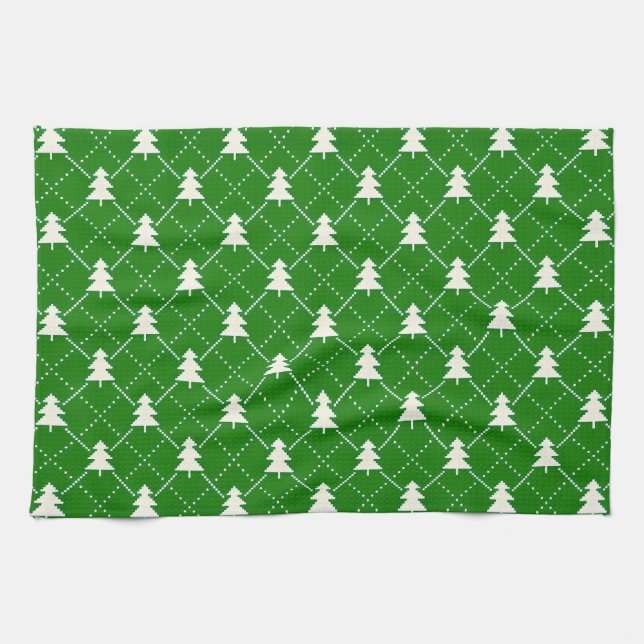 Festive Green Christmas Tree Pattern Kitchen Towel (Horizontal)