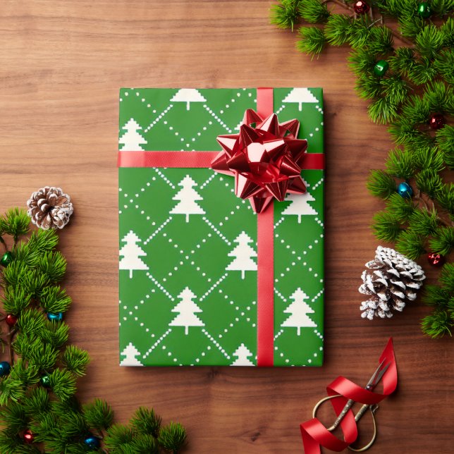 Festive Green Christmas Tree Pattern Wrapping Paper (Holiday Gift)