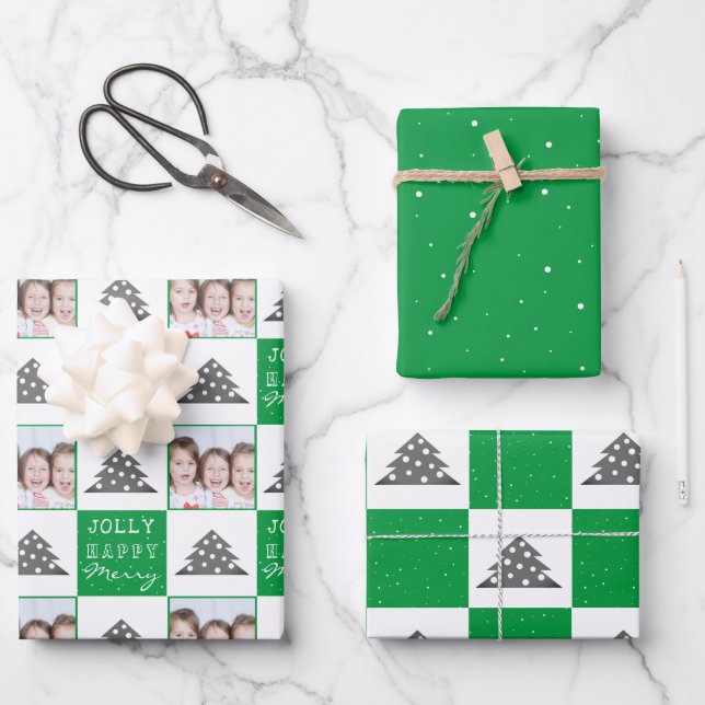 Festive Green Christmas Tree Snow Family Photo Wrapping Paper Sheet (Front)