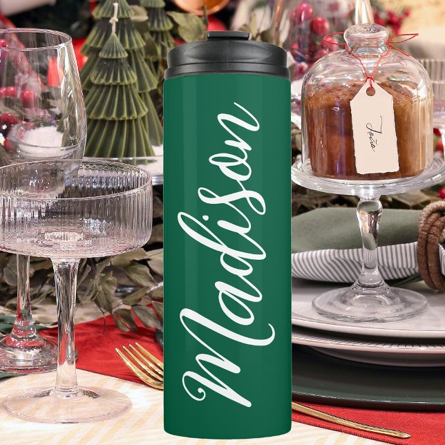 Festive Green Christmas White Handwritten Name Thermal Tumbler (Creator Uploaded)