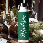Festive Green Christmas White Handwritten Name Water Bottle<br><div class="desc">A gorgeous hunter green water bottle with white monogram for a girl or guy who loves simple,  handwritten gifts for Christmas. Beautiful cursive script down the side of your bottle spelling out your name.</div>