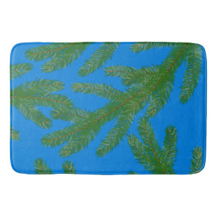 Festive Green fir tree branches and twigs Blue Bath Mat