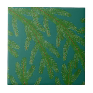 Festive Green Fir Tree Branches    Tile