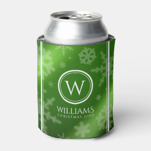 Festive Green Foil Snowflakes Monogram Name Can Cooler