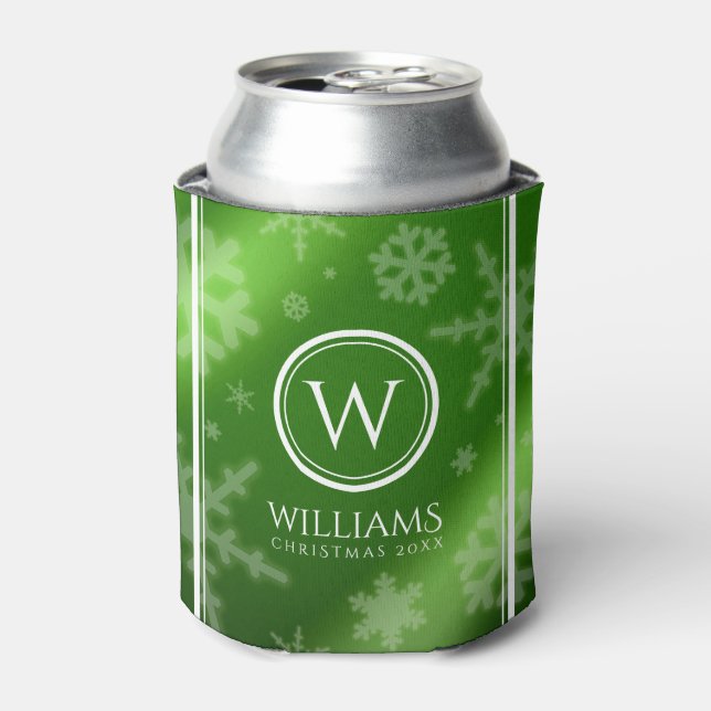 Festive Green Foil Snowflakes Monogram Name Can Cooler (Can Front)