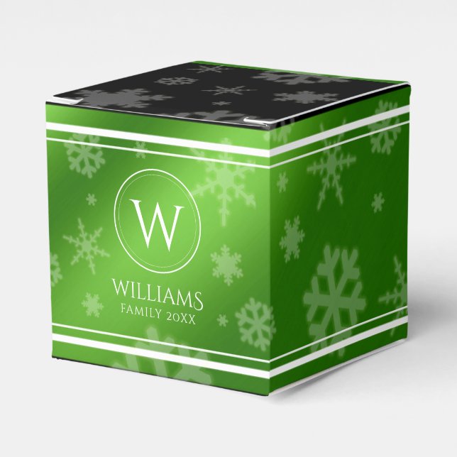 Festive Green Foil Snowflakes Monogram Name Favor Box (Front Side)