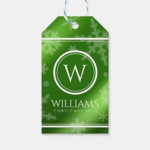 Festive Green Foil Snowflakes Monogram Name Gift Tags