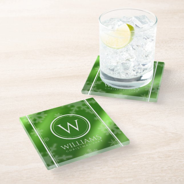 Festive Green Foil Snowflakes Monogram Name Glass Coaster (Angled)